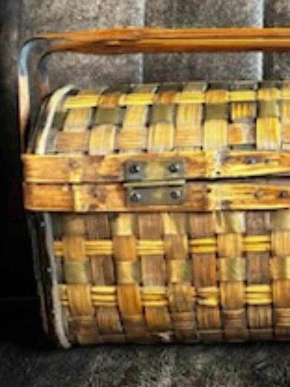 Vintage Woven Wood Basket with Hinged Lid & Double Handles